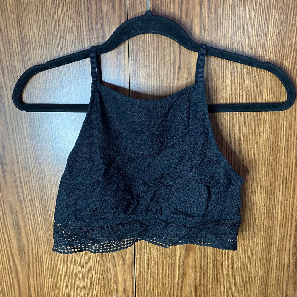 Aerie Lace Bralette Womens Medium Black High Neck Adjustable Straps Floral Boho